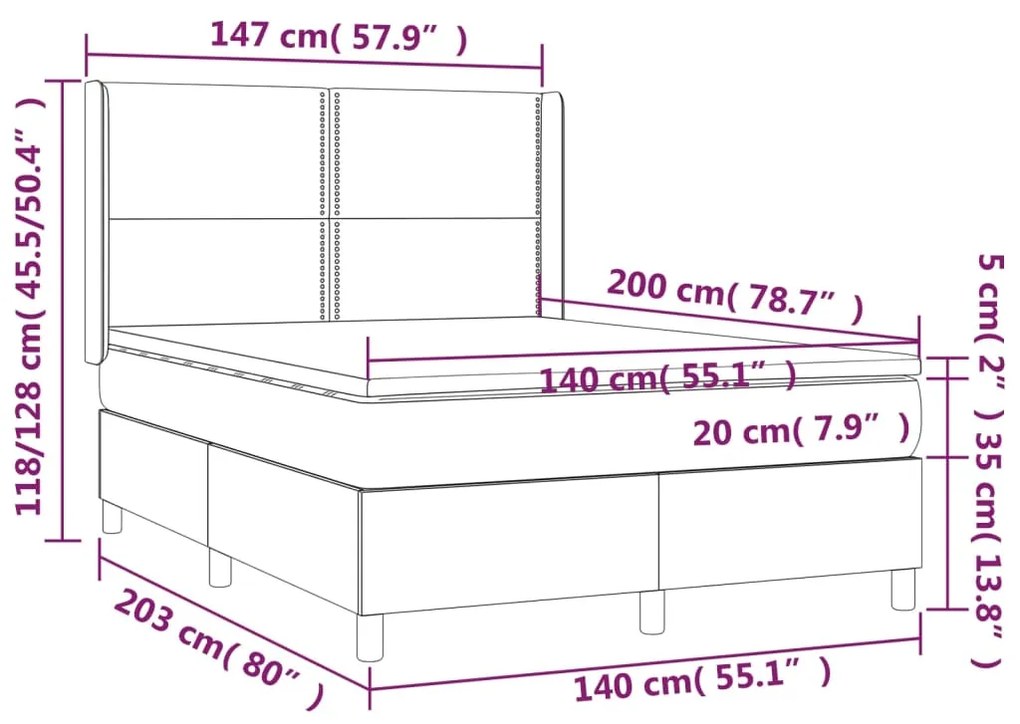 Letto a Molle con Materasso e LED Crema 140x200 cm in Tessuto