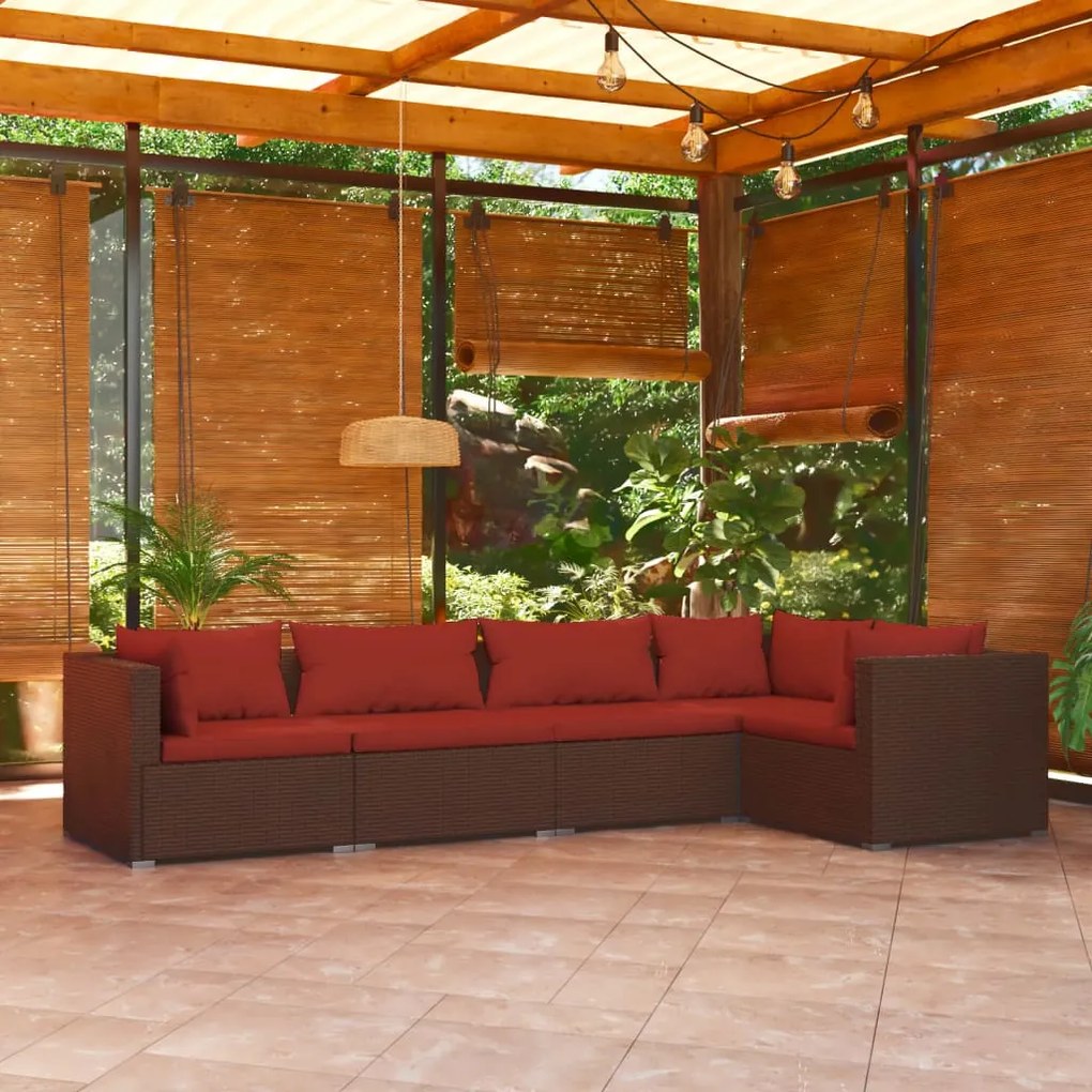 Set divani da giardino 5 pz con cuscini in polyrattan marrone