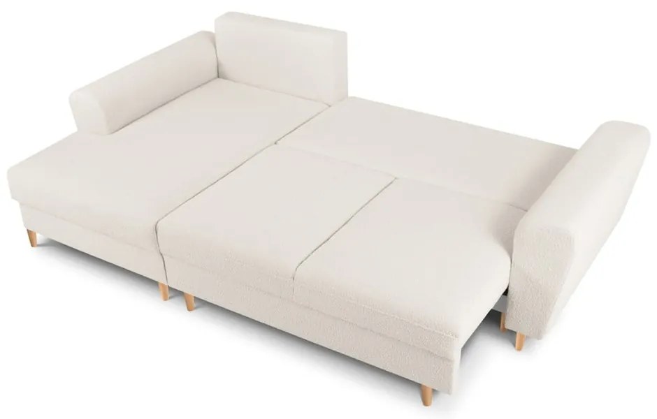 Divano angolare beige allungabile e con contenitore (con penisola a sinistra/con chaise lounge) con rivestimento in bouclé Kyoto – Cosmopolitan Design