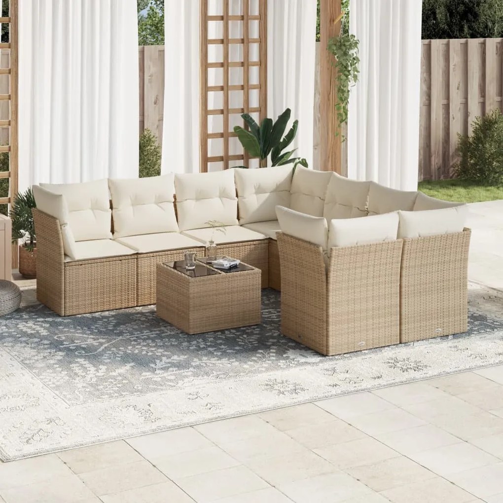 Set Divano da Giardino 9 pz con Cuscini Beige in Polyrattan