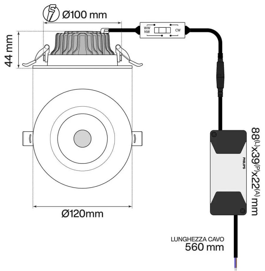 Faro da incasso 10W, Foro Ø100mm, Bianco Variabile con driver Philips Colore Bianco Variabile CCT