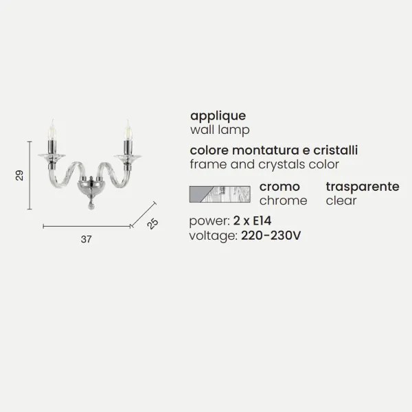Applique GALA in vetro lavorato a mano con dettagli in metallo 2 LUCI CROMO
