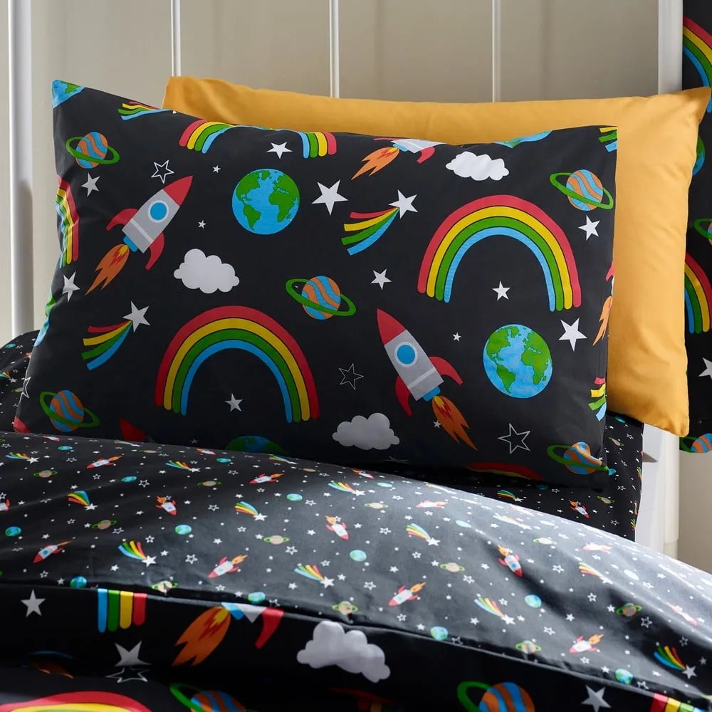 Set copripiumino e federa da bambini nero per letto matrimoniale 200x200 cm Rainbow Rockets – Catherine Lansfield