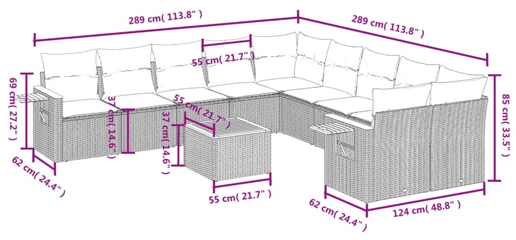 Set Divani da Giardino 11 pz con Cuscini in Polyrattan Nero