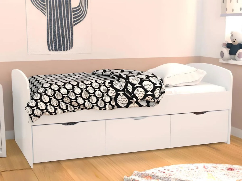 Letto con 2 cassetti e 1 vano portaoggetti 90 x 190 cm Bianco + Materasso - LOUANE