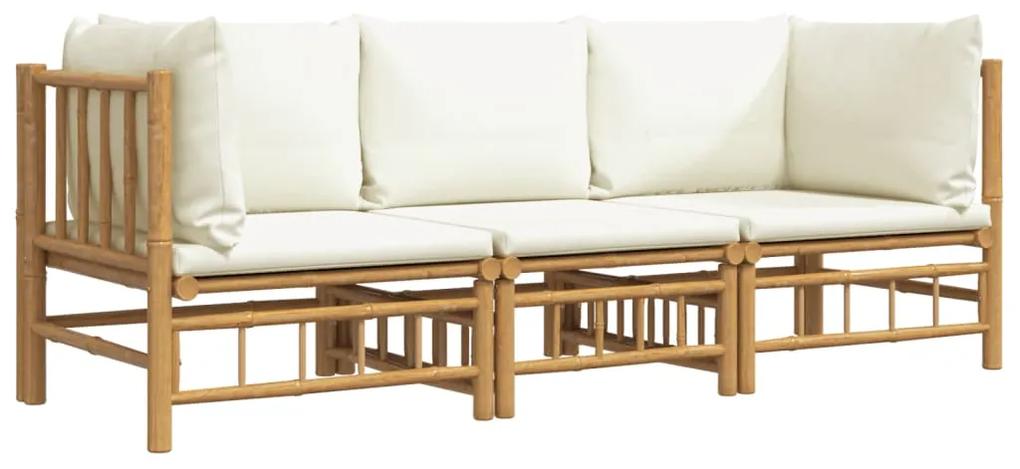 Set salotto da giardino 3pz con cuscini bianco crema in bambù