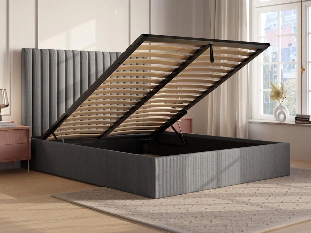 Letto con contenitore 180 x 200 cm con testata letto impunture verticali Velluto a coste Grigio SARAH