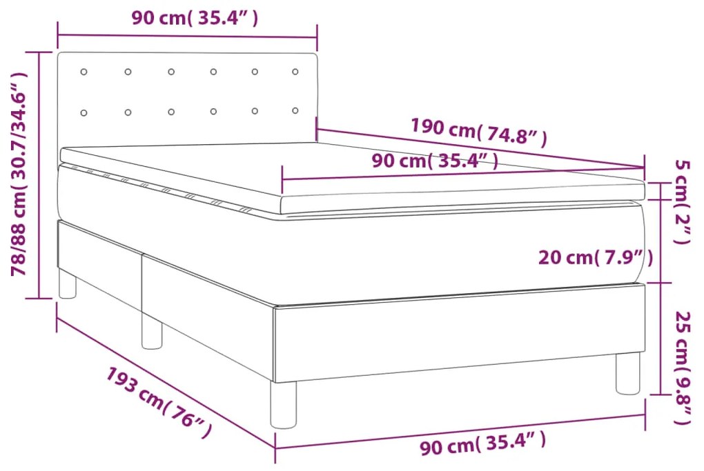 Letto a Molle con Materasso e LED Grigio Scuro 90x190cm Velluto