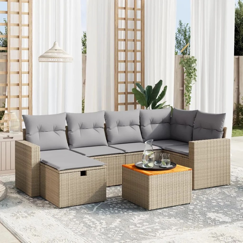 Set Divano da Giardino 7 pz con Cuscini Beige Misto Polyrattan