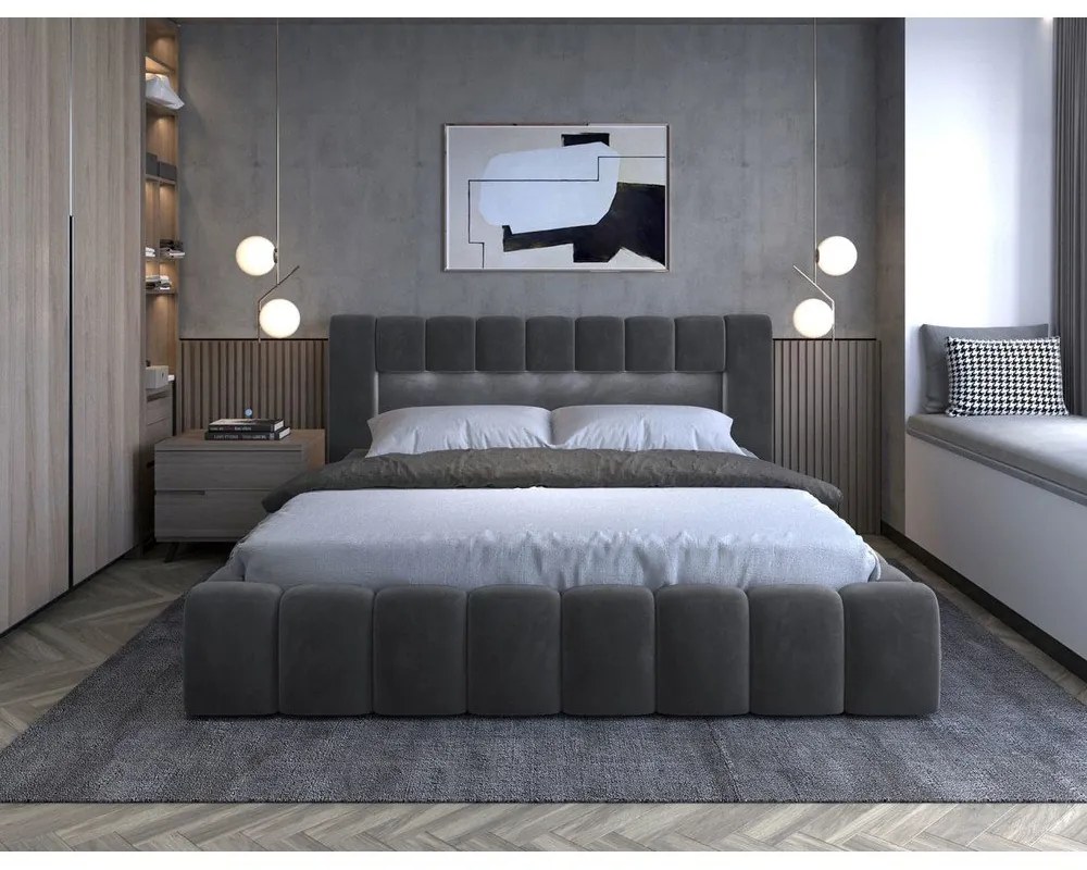 Letto matrimoniale imbottito grigio con contenitore e rete inclusi 180x200 cm Lamica – ELTAP