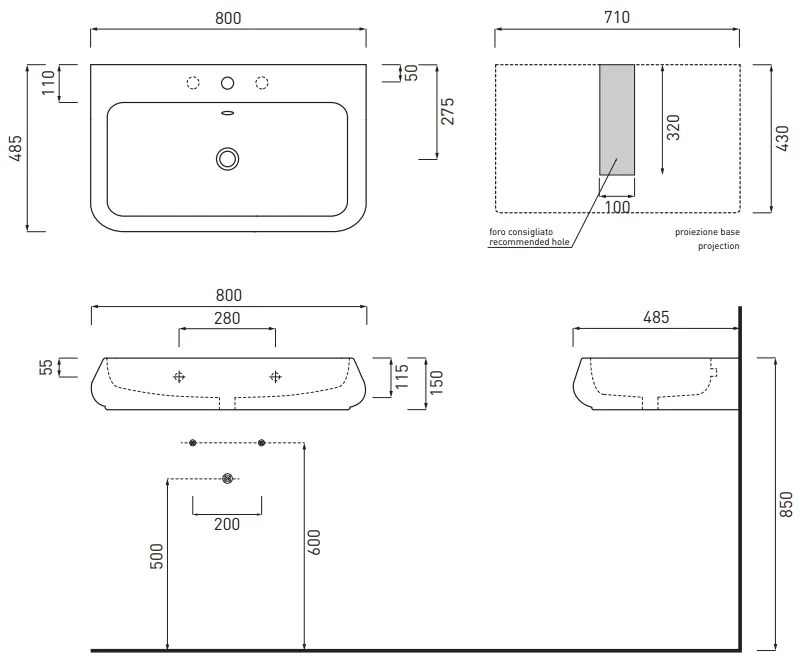 Cielo shui lavabo 80x48 sospeso o da appoggio con troppopieno in ceramica bianco lucido