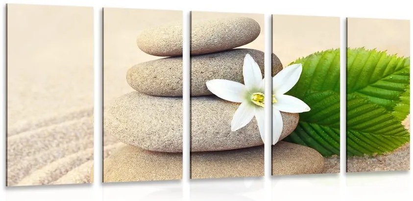 Quadri 5 pezzi – Fiore bianco e pietre nella sabbia