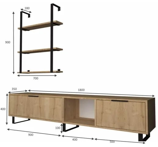 Parete Attrezzata Soggiorno 180 Cm Porta TV E Libreria Rovere Zenon