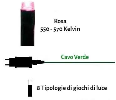 Catenaria Natalizia LED 15m, 8 GIOCHI DI LUCE, Cavo VERDE, IP44, Luce ROSA Colore Rosa 550 - 570 °K