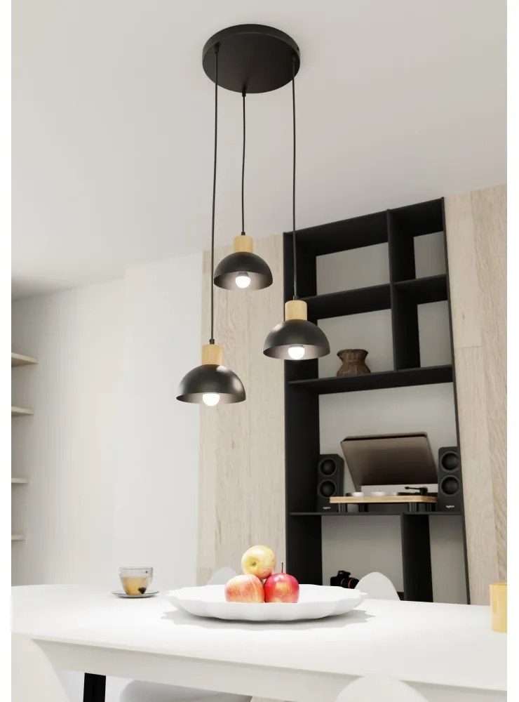 Lampada a sospensione SECO 3 PREMIUM in acciaio e legno 3xE27 Nero Colore del corpo Bianco
