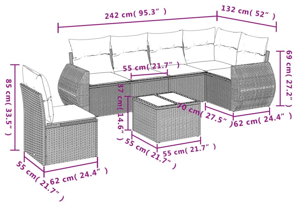 Set Divani da Giardino con Cuscini 7pz Nero Polyrattan