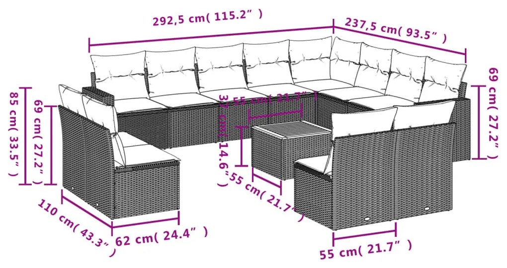 Set divano da giardino 13 pz con cuscini beige in polyrattan