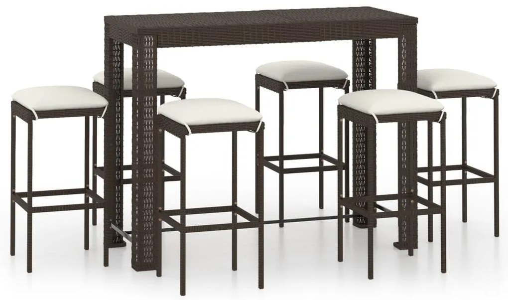 Set da Bar da Giardino 7 pz con Cuscini in Polyrattan Marrone