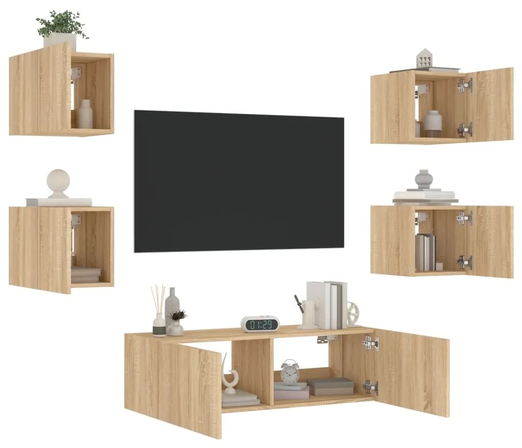 Mobili tv a muro 5pz con luci led rovere sonoma