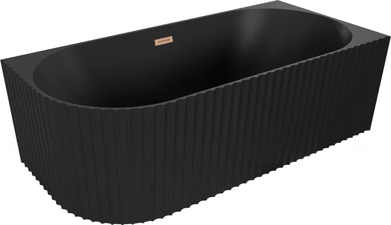 Mexen Gia vasca da bagno freestanding angolare rigata destra 150 x 75 cm, nero opaco, troppopieno in rame spazzolato