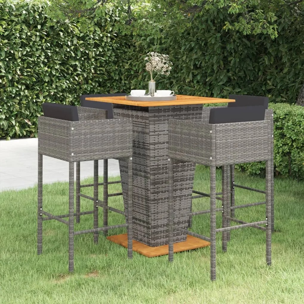 Set da bar da giardino 5 pz con cuscini in polyrattan grigio