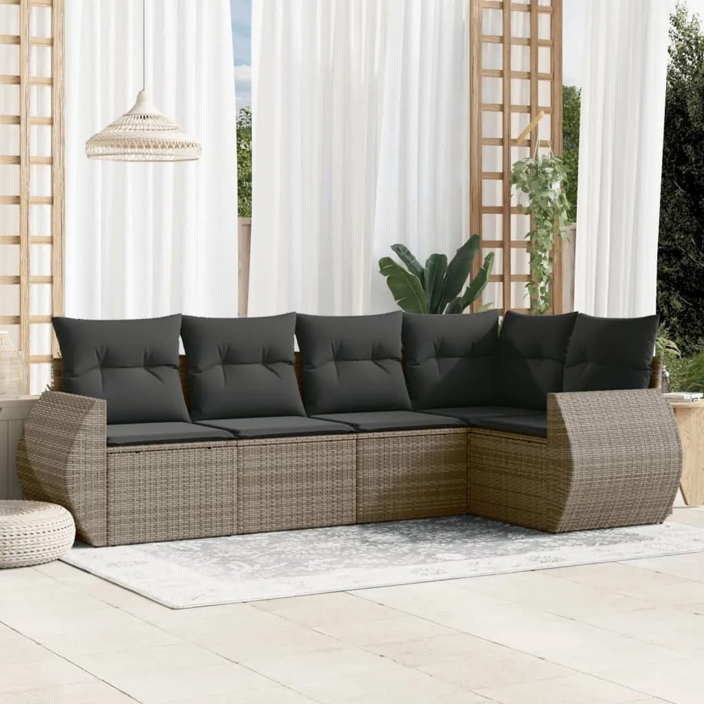 Set Divano da Giardino 5 pz con Cuscini Grigio in Polyrattan