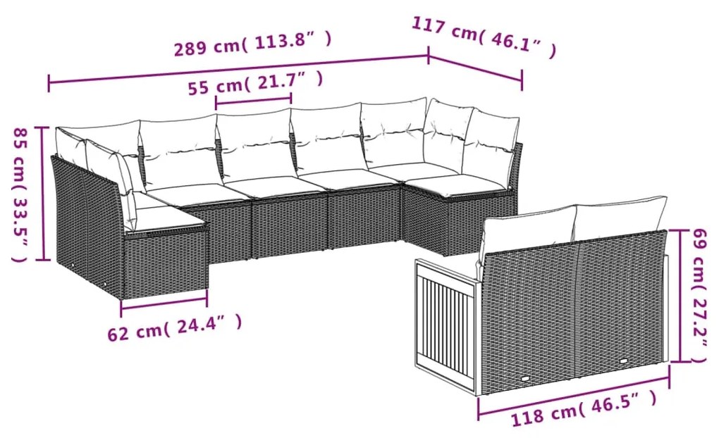 Set Divano da Giardino 9 pz con Cuscini Grigio in Polyrattan