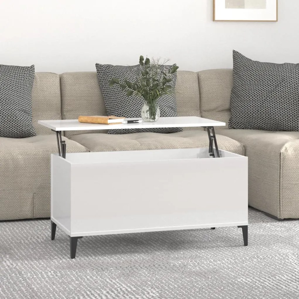 Tavolino salotto bianco lucido 90x44,5x45 cm legno multistrato