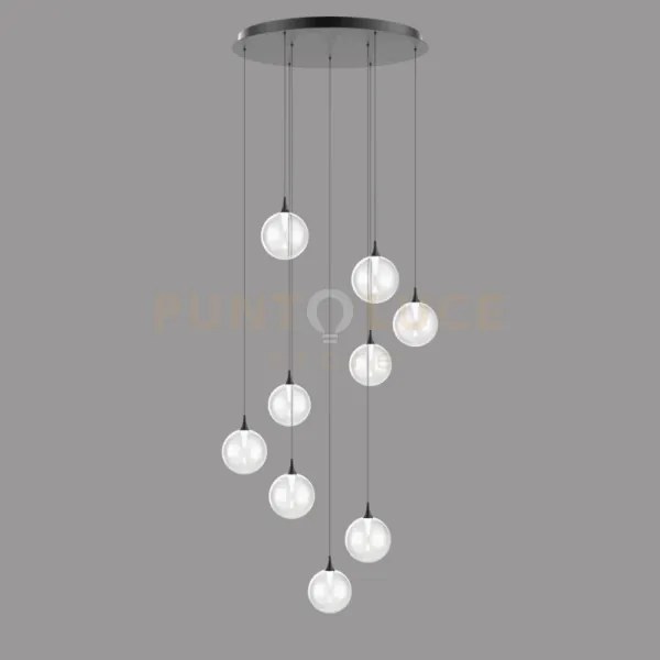 Lampada a sospensione bolla, metallo nero opaco + 9 vetri trasparen...