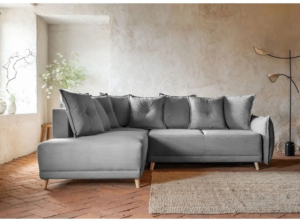 Divano letto in velluto a coste grigio (angolo sinistro) Lazy Lukka - Miuform