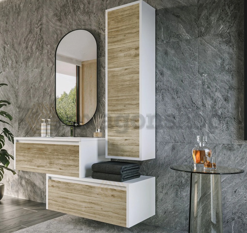 Mobile bagno Quercia bianco lucido 80x47 Siena due cassetti con colonna ad anta push&pull e lavabo integrato