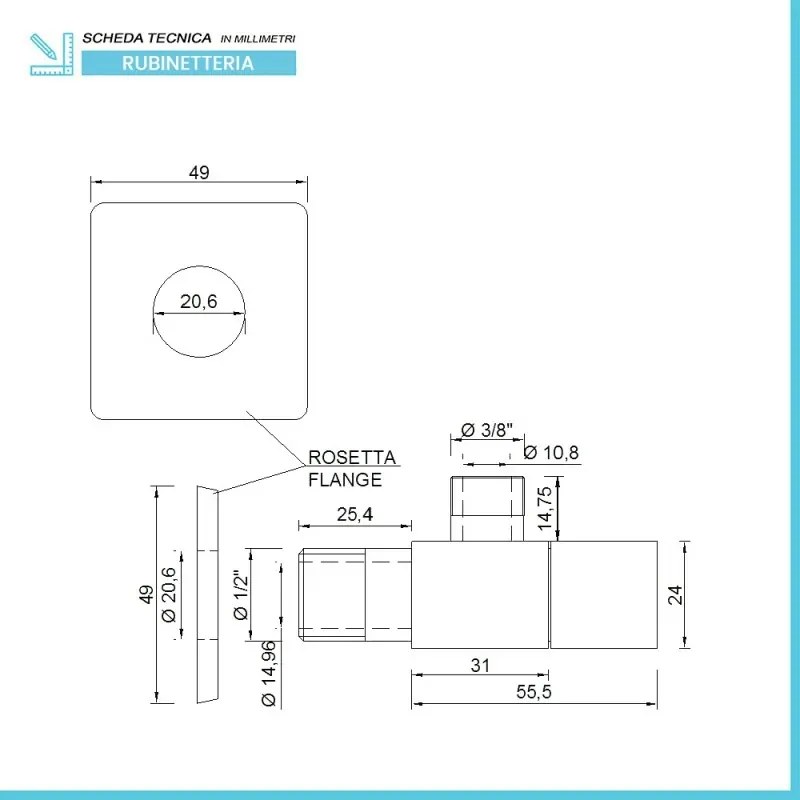 Rubinetto sottolavabo quadrato 1/2 x 3/8 cromato