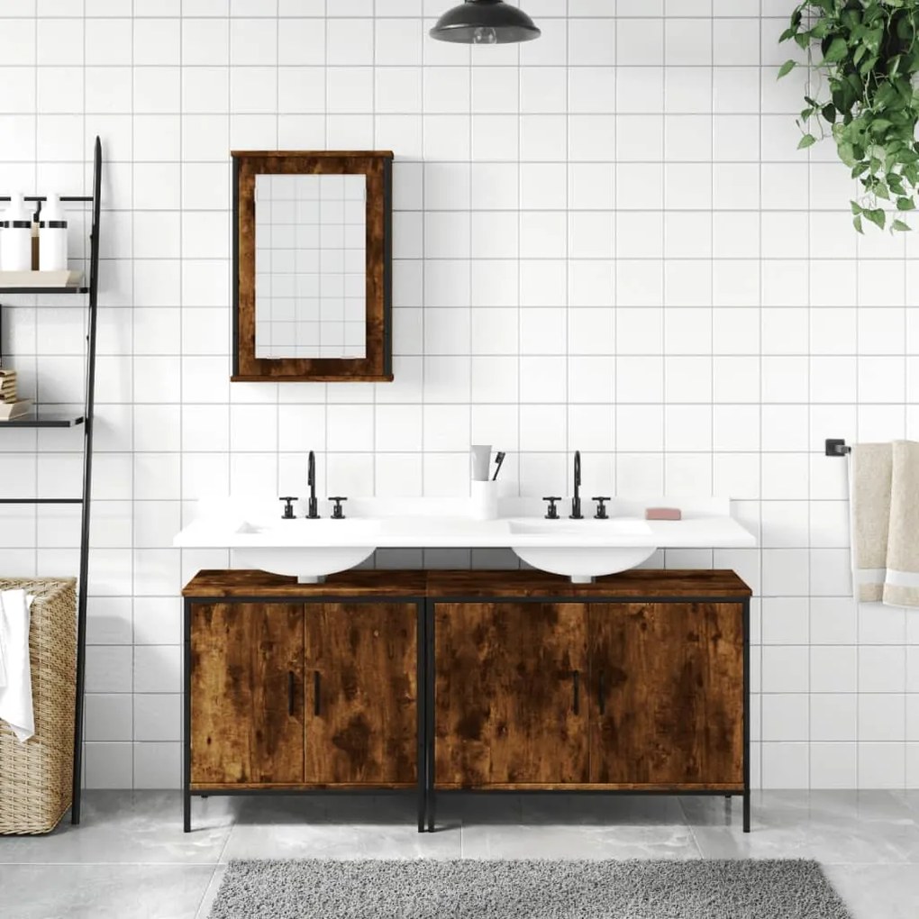 Set mobili da bagno 3 pz rovere fumo in legno multistrato