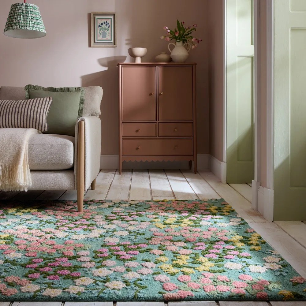 Tappeto color menta in lana tessuto a mano 120x170 cm Emilia Floral – Flair Rugs