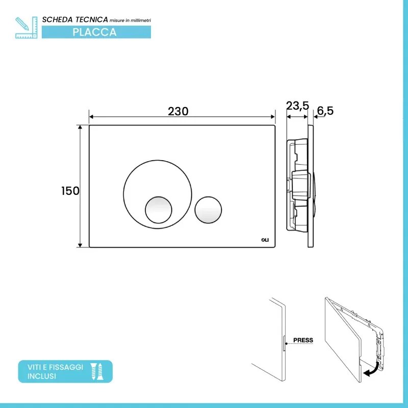 Placca di comando Oli Globe cromo lucido 23 cm in ABS con doppio scarico