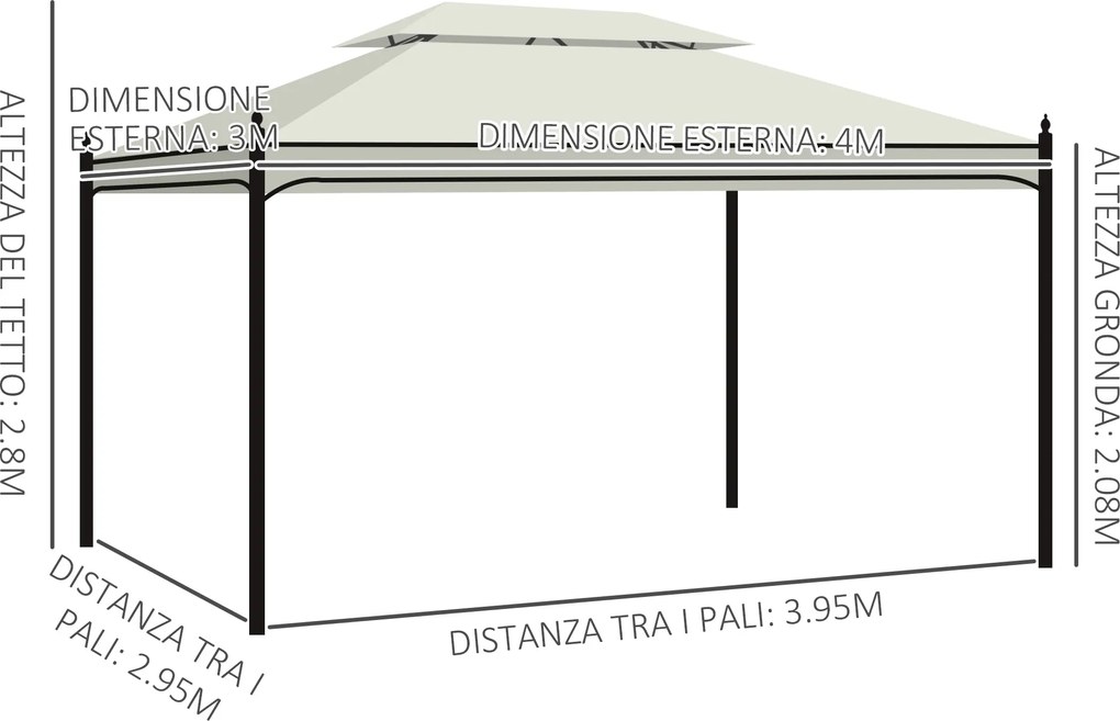 Gazebo da Giardino 3x4m in Acciaio Teli Laterali e Doppio Tetto Crema...
