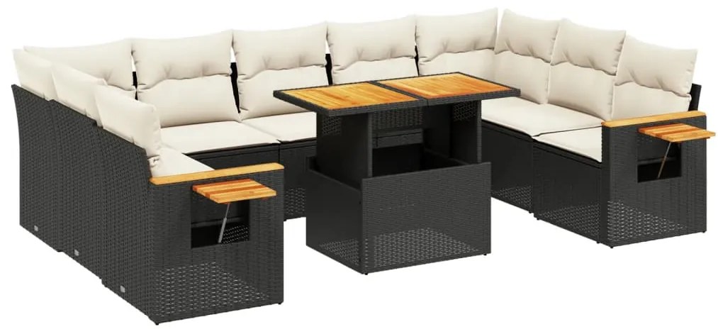 Set divani da giardino 10pz con cuscini in polyrattan nero