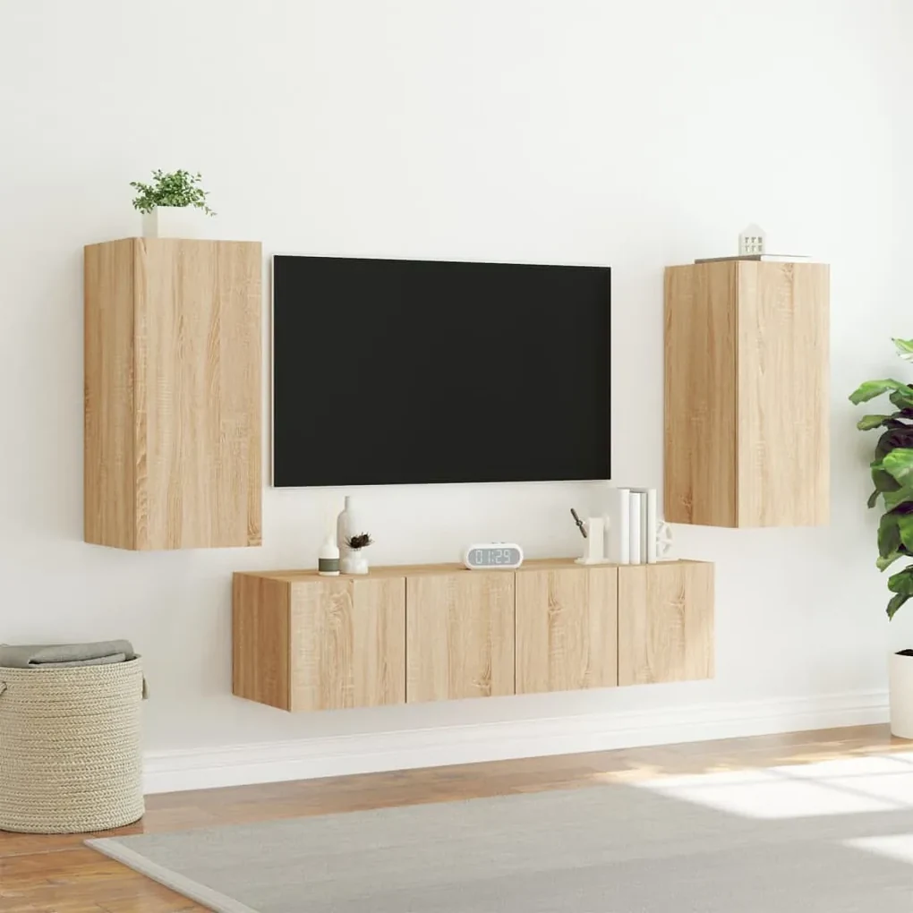 Mobili tv a muro con led 4pz rovere sonoma legno multistrato