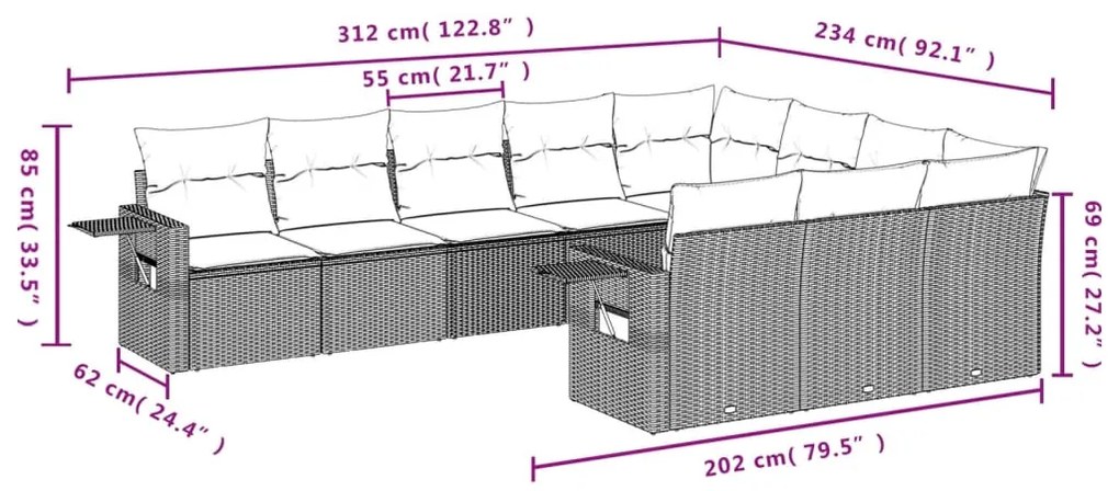 Set divano da giardino 10 pz con cuscini grigio in polyrattan