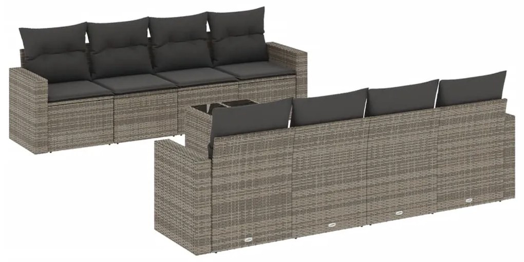 Set Divano da Giardino 9 pz con Cuscini Grigio in Polyrattan