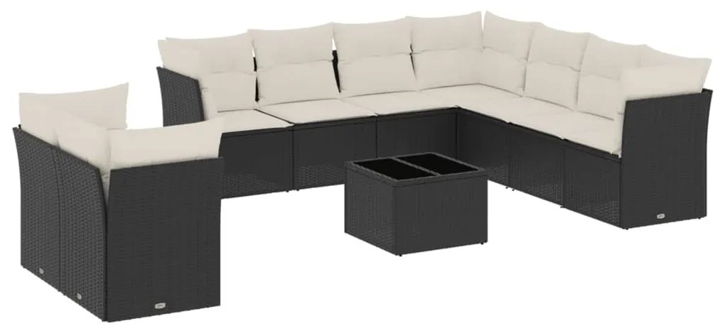 Set divani da giardino 10pz con cuscini in polyrattan nero