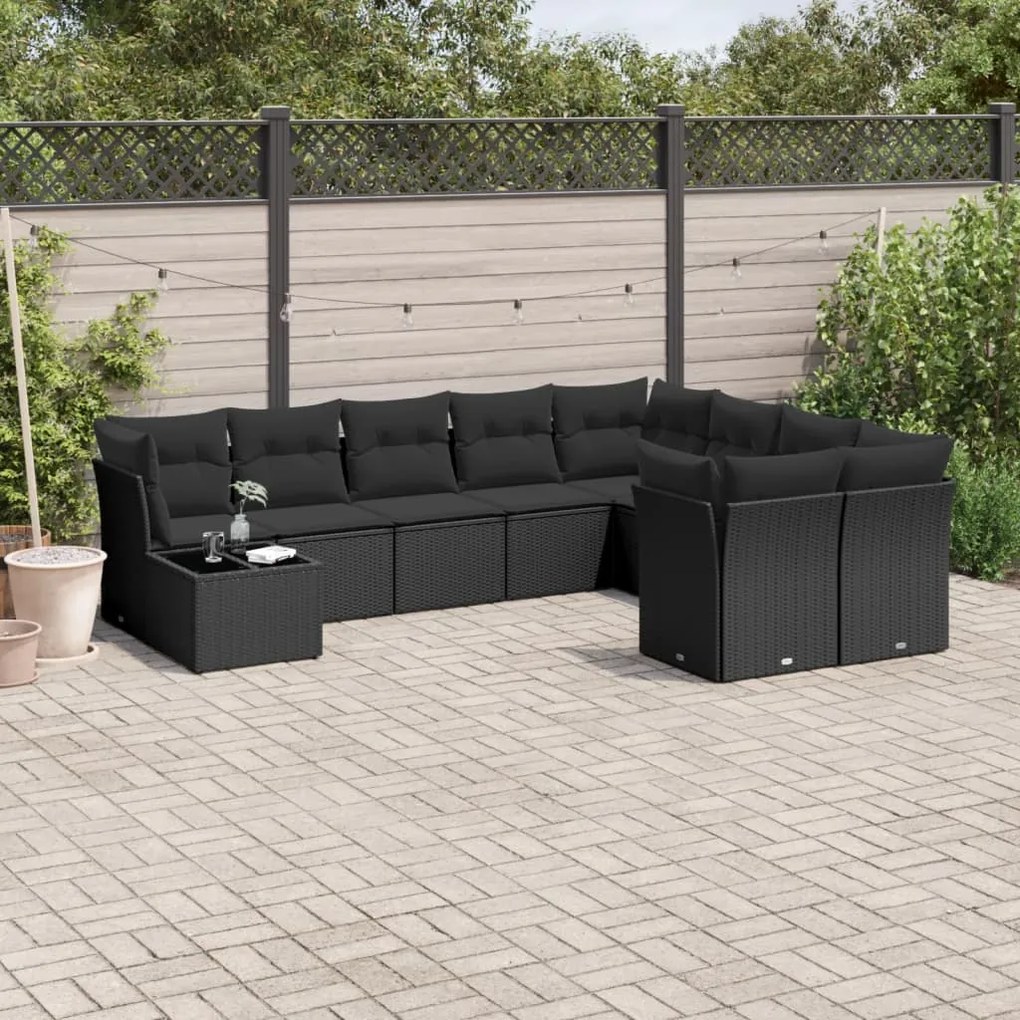 Set Divani da Giardino 10pz con Cuscini in Polyrattan Nero