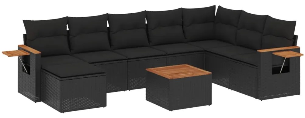 Set Divani da Giardino 9 pz con Cuscini Nero in Polyrattan