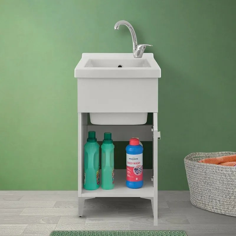 Mobile lavatoio bianco 45x50 cm con vasca in ceramica e kit scarico
