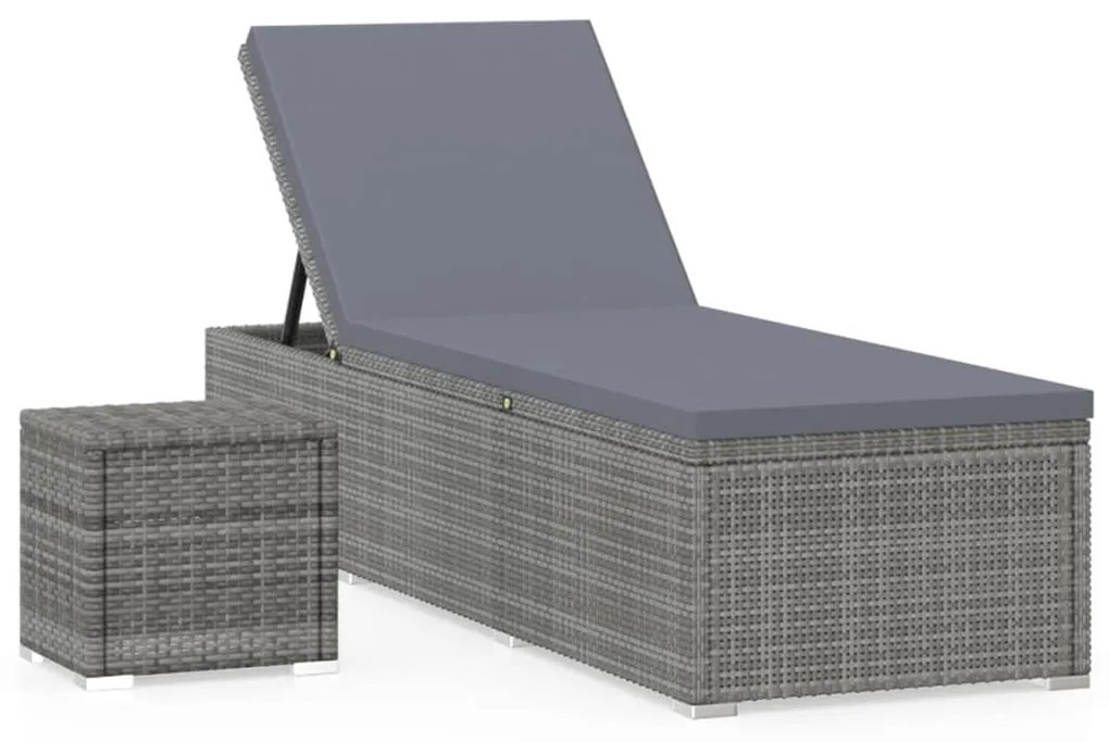 Lettino prendisole con cuscino e tavolino in polyrattan grigio