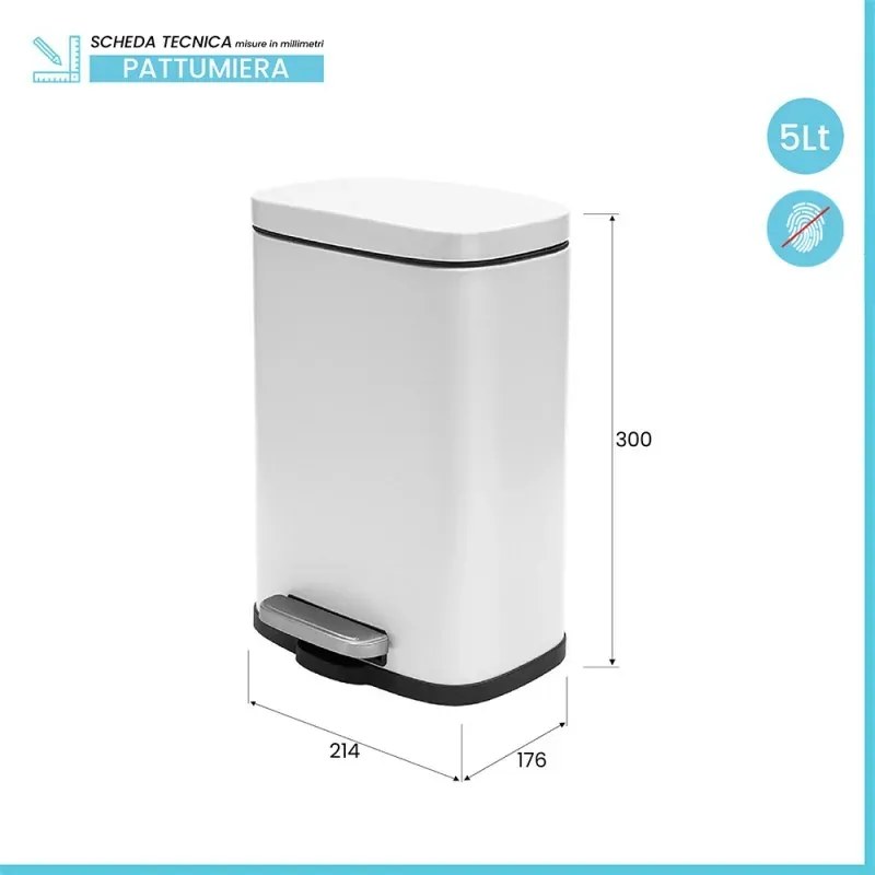 Set pattumiera 5lt a pedale e portascopino in acciaio bianco opaco Axin