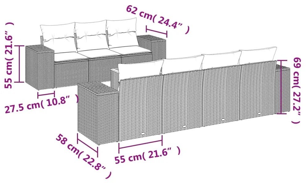 Set divani da giardino con cuscini 8 pz nero in polyrattan