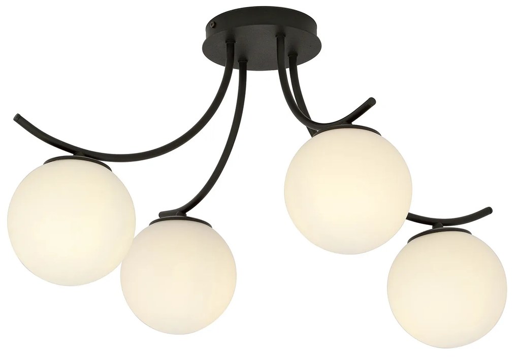 Plafoniera Moderna 4 Luci Coeo In Acciaio Nero E Diffusori In Vetro Opale