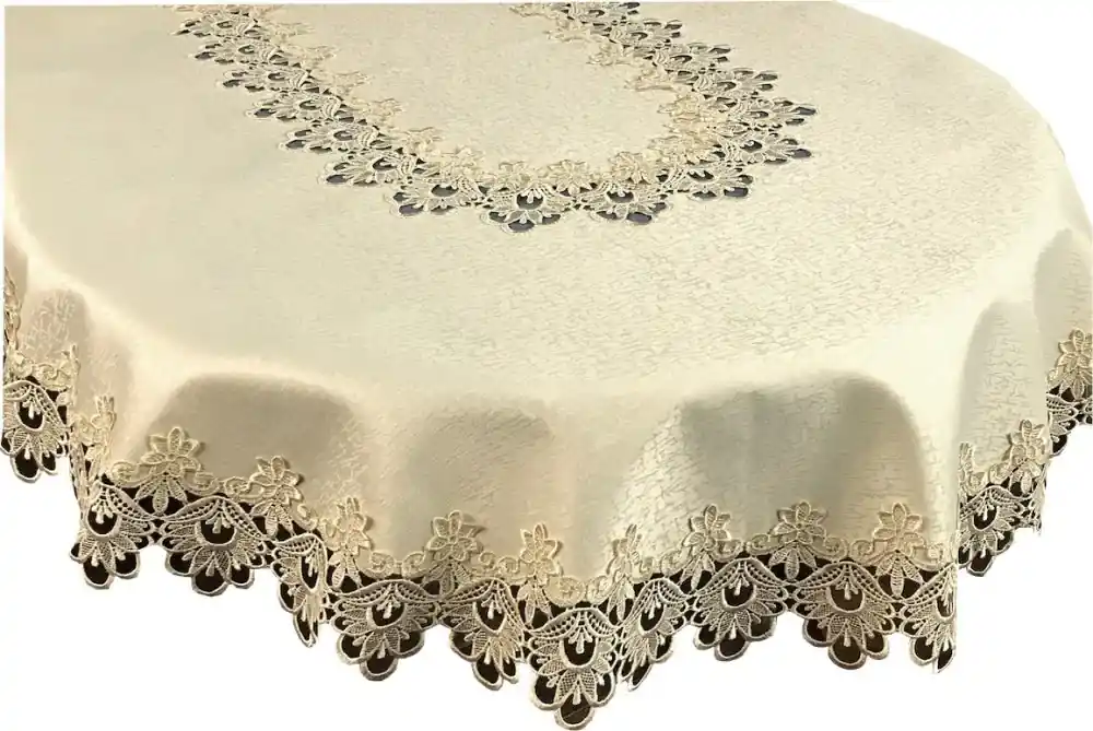 Tovaglia ovale beige decorata con pizzo Larghezza: 60 cm