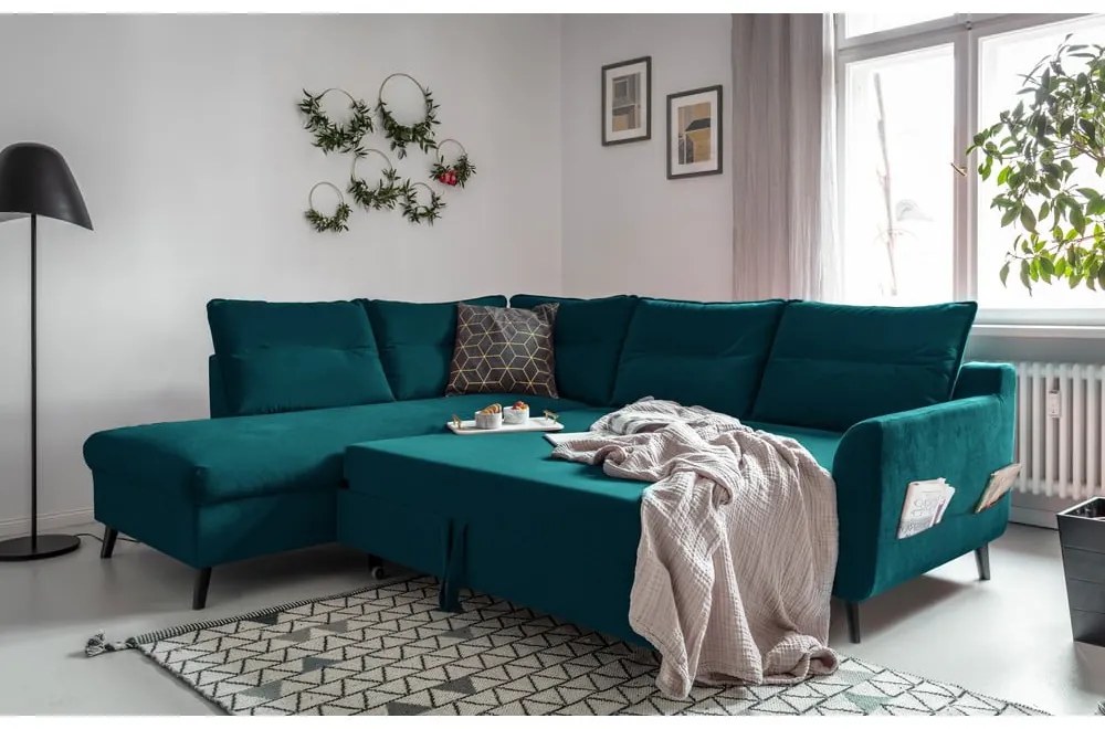Divano letto angolare in velluto turchese L, angolo sinistro Stylish Stan - Miuform